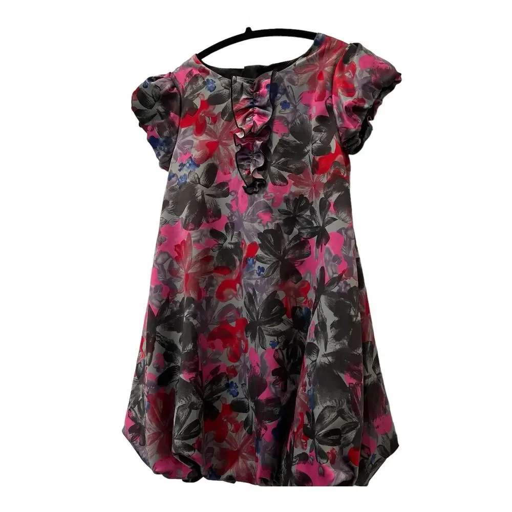 DKNY Girls Dress Floral Print Black Gray Pink Size Medium